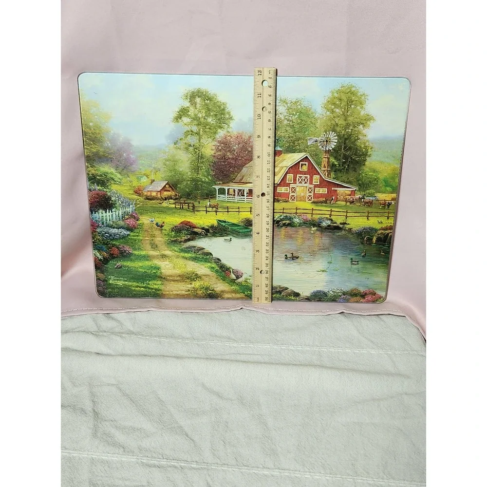 Thomas Kinkade Studios Glass Cutting Board Red Barn Pond Country Scene 15x12